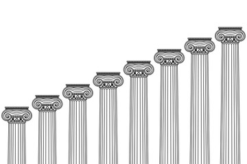 a series of Greek, antique, historical colonnades with Ionian capitals and a place for text on a white background