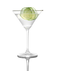 Glass of tasty martini with cucumber on white background