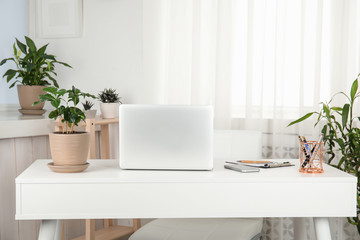 Obraz na płótnie Canvas Houseplants and laptop on table in office interior