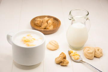 Mazamorra of corn and milk, traditional Colombian food.