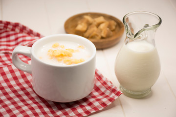 Mazamorra of corn and milk, traditional Colombian food.
