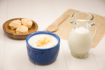 Mazamorra of corn and milk, traditional Colombian food.