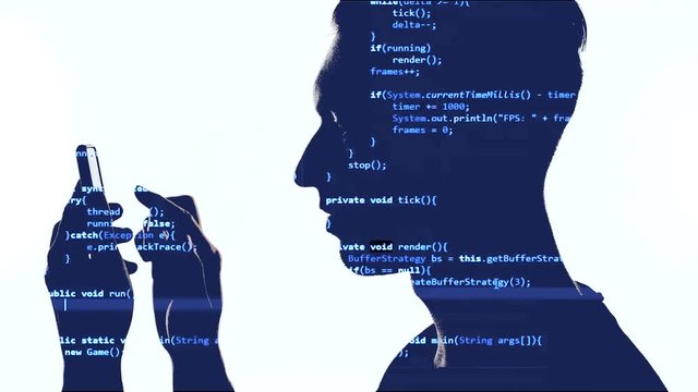 Double exposure of hacker using smartphone with blue code on him. Double exposition of man programmer using smart phone