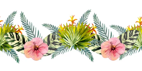 Fotobehang Tropical leaves . Repetition of summer horizontal border. Floral watercolor. Watercolor compositions for the design of greeting cards or invitations. Illustration © Natika_art