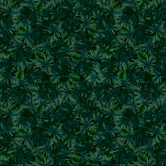 Naklejka na ściany i meble Pattern with leaves of different shapes and different shades of green on a dark green background