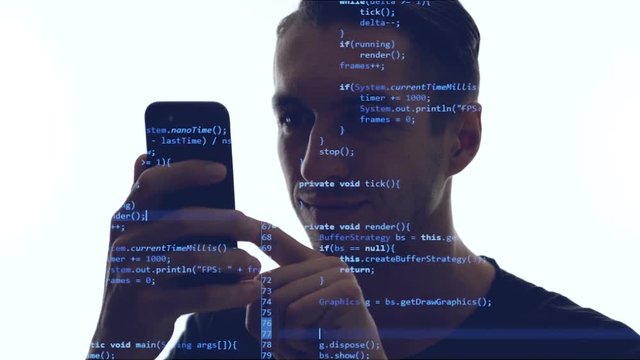 Double exposition of man programmer using smartphone with blue code on him. Concept development app for a smartphone.