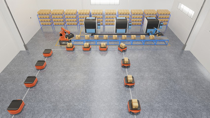 TopView.Factory Automation with AGV and robotic arm in transportationto increase transport more with safety.3D rendering