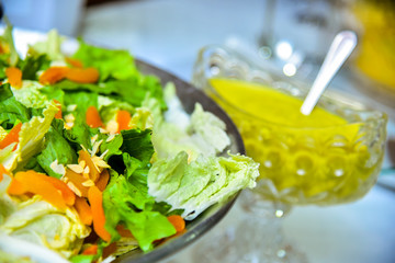salad with honey and mustard sauce, fit food, healthy food, mustard sauce