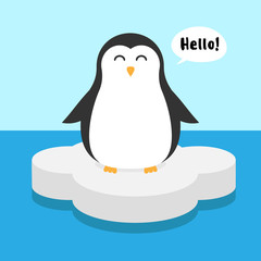 Vector flat cartoon cute kawaii penguin standing on ice and saying hello