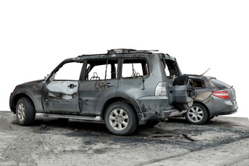 Fototapeta na wymiar partially burned down car for use in photomontage, the SUV after the fire, isolate