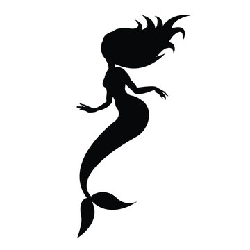 Vector flat black silhouette of mermaid isolated on white background