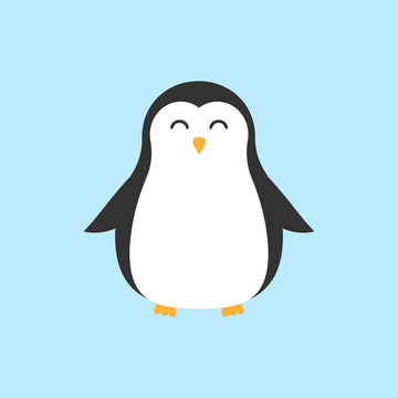 Vector flat cartoon cute kawaii penguin isolated on blue background