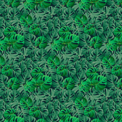 Seamless pattern with tropical leaves of different shapes and different shades of green on a dark green background.