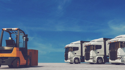 Forklift and truck background is the sky.