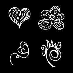 Flowers and hearts hand drawn doodle collection isolated on black background. 4 floral graphic elements. Big vector set. Outline collection