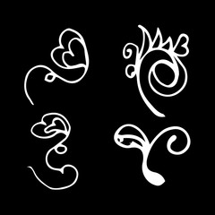Flowers and hearts hand drawn doodle collection isolated on black background. 4 floral graphic elements. Big vector set. Outline collection