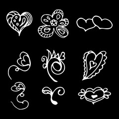 Flowers and hearts hand drawn doodle collection isolated on black background. 6 floral graphic elements. Big vector set. Outline collection