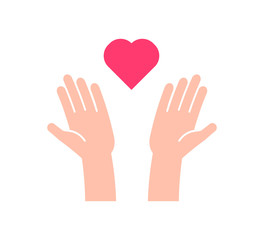 Flat icon with 2 hands receiving or sending heart. Vector illustration for charity, help, supporting, work of volunteers, donation, love and kindness