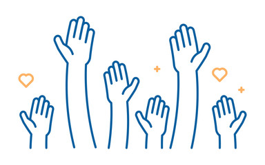Raised helping hands vector icon. Illustration for volunteer and charity work in flat style with arms and geometric elements, hearts.  Crowd of people ready and available to help and contribute.