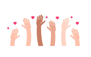 Obraz premium Raised helping hands vector flat icon. Illustration for volunteer and charity work in flat style with arms and geometric elements, hearts. Crowd of people ready and available to help and contribute. 