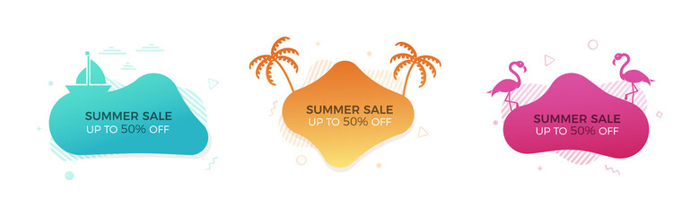 Set of trendy colorful summer sale banners with thematic elements. Vector geometric template liquid and wavy shapes in different colors. Modern abstract tropical and seasonal banner designs