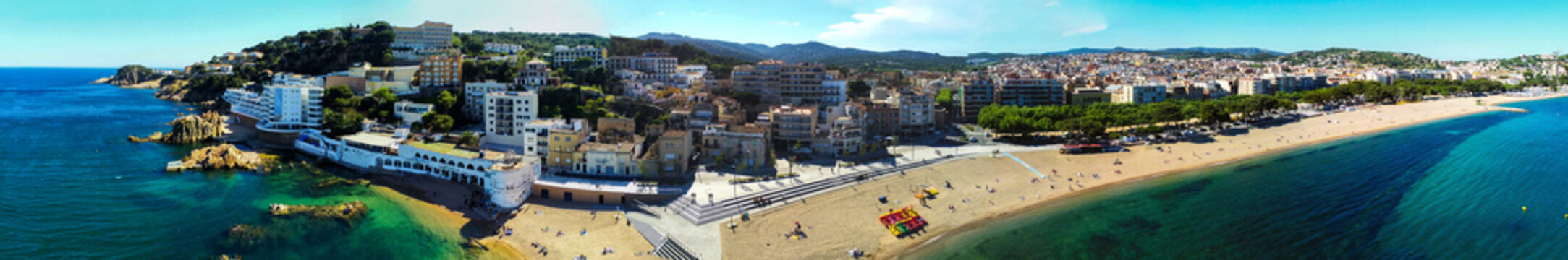 Aerial view in Sant Feliu de Guixols, coastal village of Costa Brava, Girona. Catalonia,Spain.Drone Photo