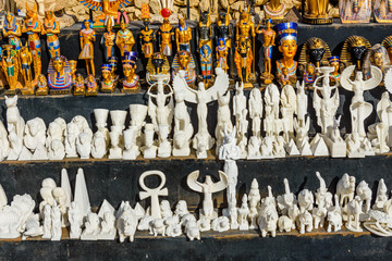 Different egyptian souvenirs for sale in a street shop