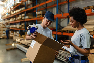 Female warehouse workers checking cardboard box while working in storage room.