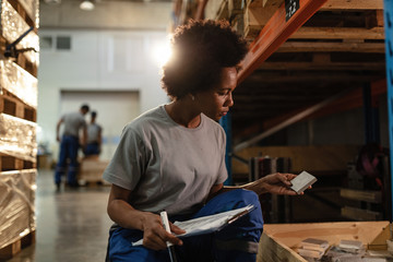 Black female worker checking products before the shipment in a warehouse.
