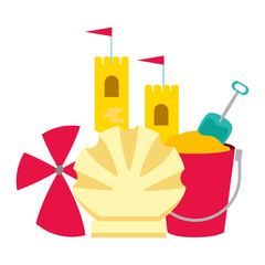 Obraz premium wakacje piasek zamek wiadro piłka i muszla