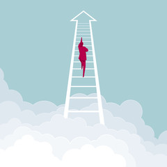 Businessman climbs the ladder. Isolated on blue background.