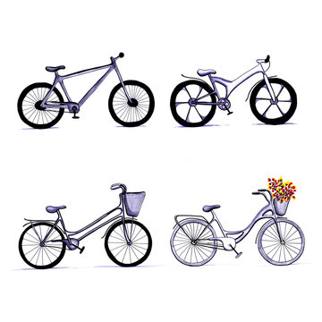 Gray watercolor set of  bicycles on white background. Hand drawing sport mountain bikes and bike with a basket with red and yellow flowers, trendy, hipster, isolated object