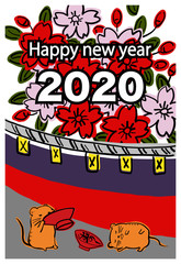 New Year's card, cherry blossom and mouse
