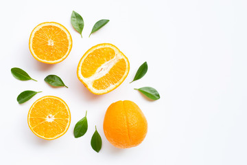 Fototapeta na wymiar High vitamin C. Fresh orange citrus fruit with leaves isolated on white background.