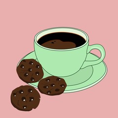 a cup of coffee with some chocolate chips cake in pink background. vector image with outline