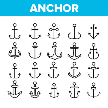 Anchors, Ship Equipment Vector Linear Icons Set. Vessel Old Anchor, Sailing Outline Symbols Pack. Cruise, Marine Shipping And Transportation. Nautical, Maritime Isolated Contour Illustrations