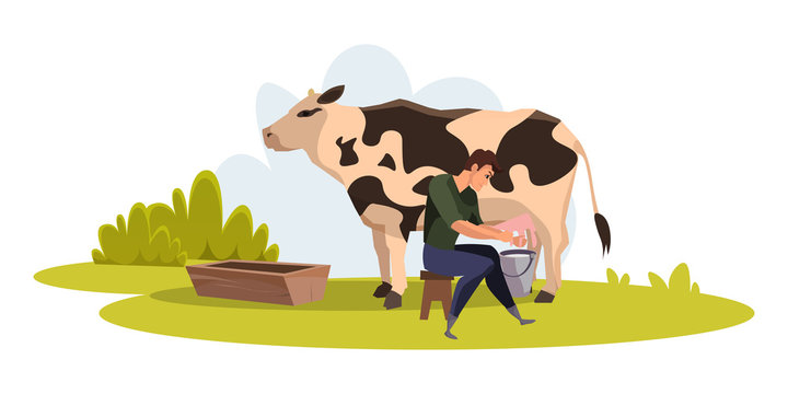 Farmer milking cow flat vector illustration