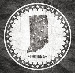Image relative to USA travel. Indiana state map textured by lines and dots pattern. Stamp in the shape of a circle