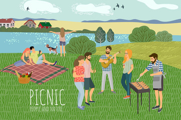 Picnic. Cute Vector illustration of mans and womans resting on the nature against the background of the rural landscape . Drawing by hand active people weekend with a barbecue.