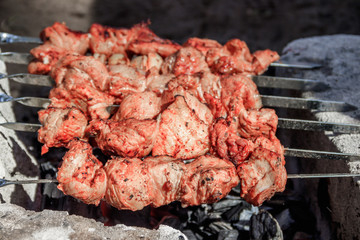 pork shish kebab on skewers. marinated meat. meat kebab. skewers on skewers. cooking on fire.