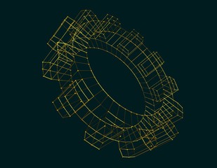 Isometric wire frame gear model. Precision machinery relative backdrop. 3D rendering