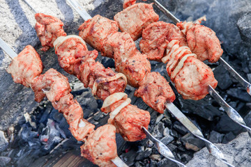 pork shish kebab on skewers. marinated meat. meat kebab. skewers on skewers. cooking on fire.