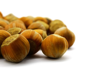White background. Close-up shows a hazelnut untreated washed with water, natural, fresh