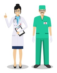 Medical teamwork concept. Detailed illustration couple of paramedic man and woman, emergency doctor, nurse in flat style. Practitioner doctors standing together. Vector illustration.