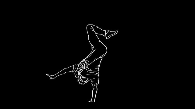 4K line drawing of a dancer that loops seamlessly, white on black background