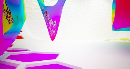 Abstract white and colored gradient  interior multilevel public space with window. 3D illustration and rendering.