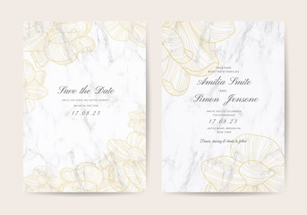 Luxury Wedding invite and Save the Date Card with White marble texture and gold floral line arts vector.