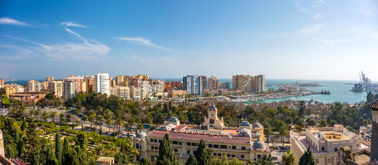Panoramic aerial view of Malaga in a beautiful summer day, Costa del Sol Spain