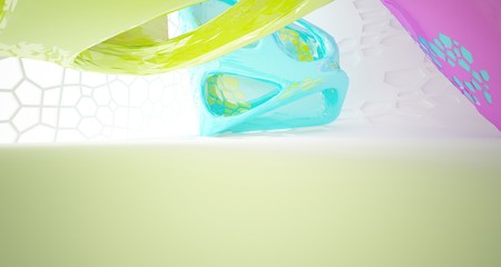 Abstract white and colored interior multilevel public space with window. 3D illustration and rendering.