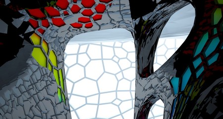Abstract white, black and colored gradient  interior multilevel public space with window. 3D illustration and rendering.